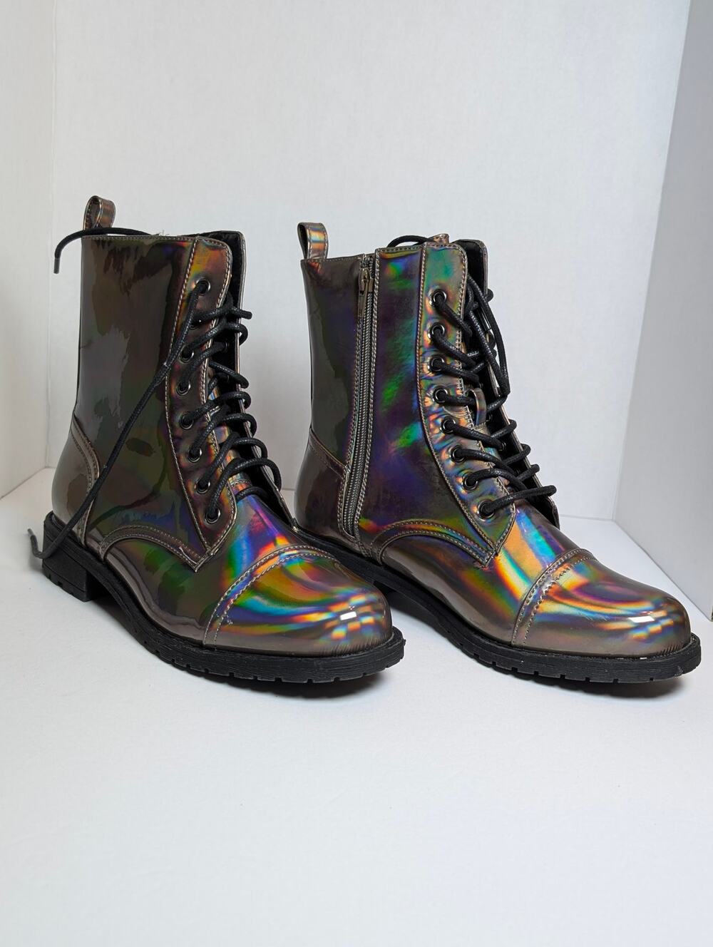 BCBGeneration Women's 8 Holographic Rainbow Combat Boots Iridescent Cap Toe
